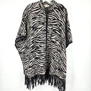Christian Siriano Poncho Women L XL Zebra Fringe Sweater Knit Pullover Zip Front